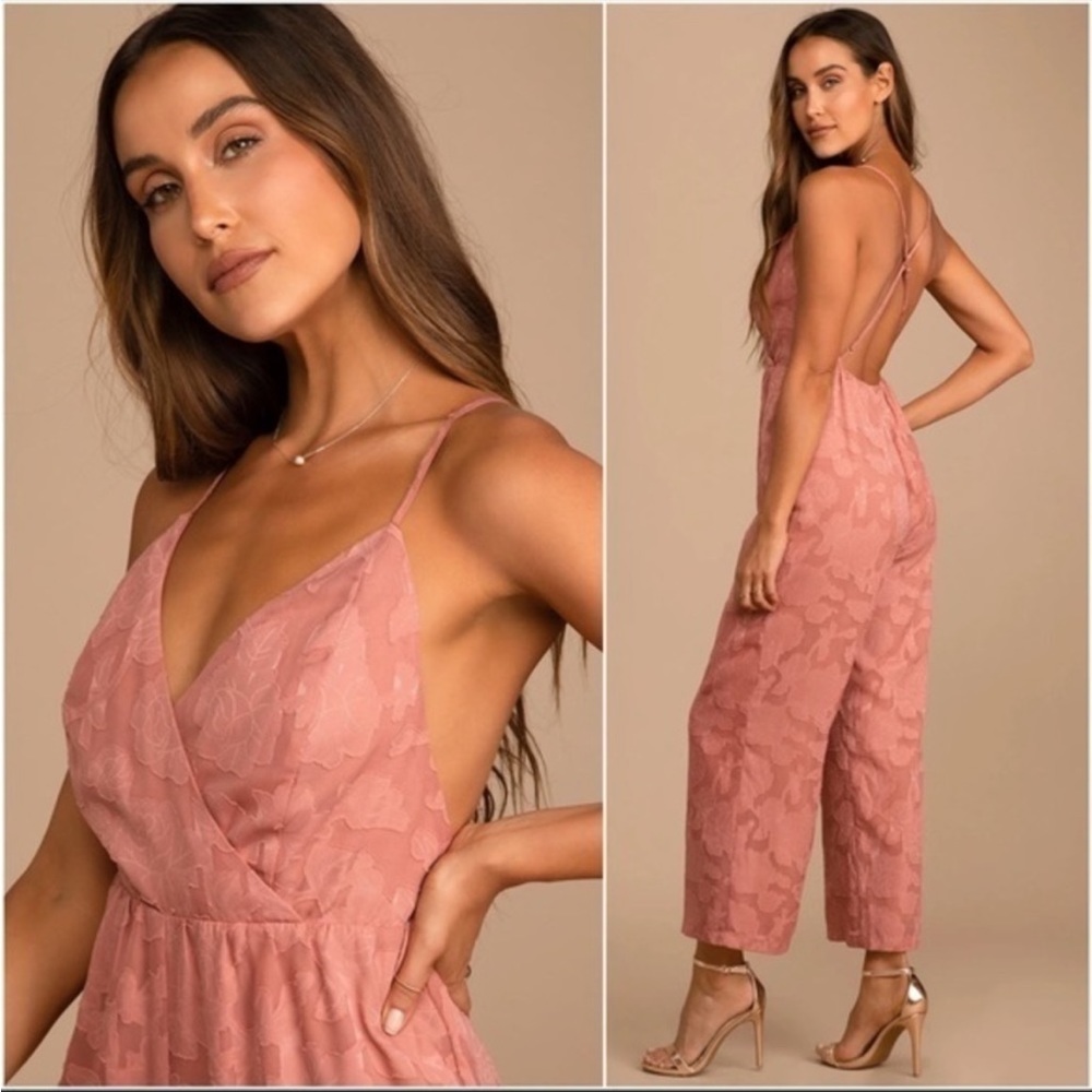 Lulu’s Small Days of Beauty Rusty Rose Burnout Floral Surplice Jumpsuit Large